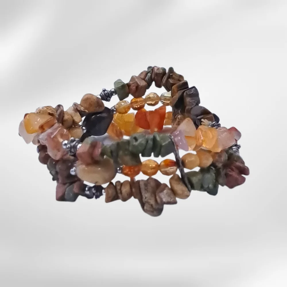 Earth Tone Stone Chip Multi-Strand Stretch Bracelet | Boho Natural Look